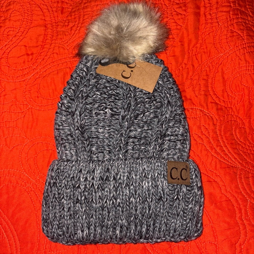 NWT C.C Charcoal Knit Beanie with Tan Faux Fur Pom
